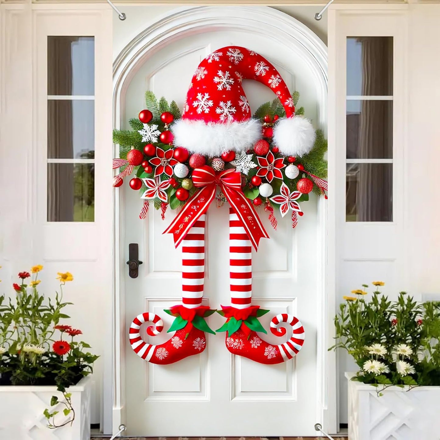Świąteczny baner z nogami elfa na drzwiach