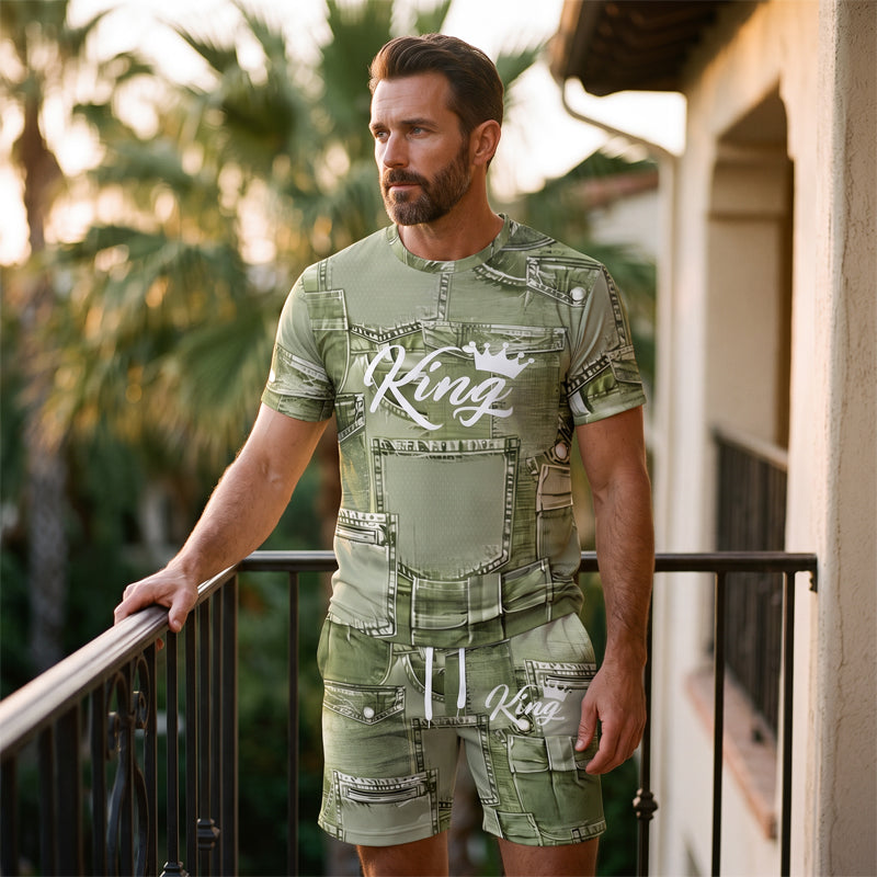 👕 Férfi farmerhatású póló és rövidnadrág szett | Könnyű, légáteresztő nyári viselet ☀️