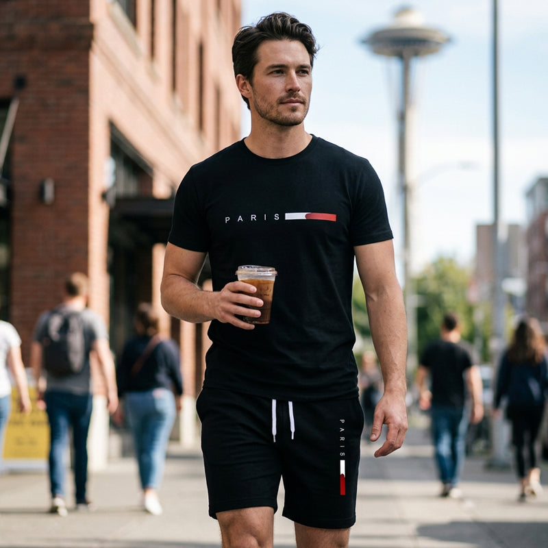 👕 MOST 30% KEDVEZMÉNY! ⏰ Férfi kétrészes mintás szett – Puha és lélegző – Laza szabás, tökéletes nyári kikapcsolódásra vagy hétköznapokra – Összeillő felső és rövidnadrág 🩳
