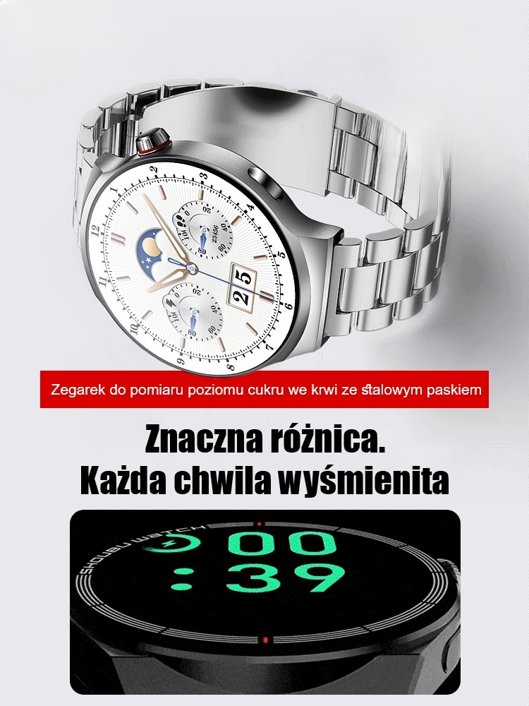 Zegarek do pomiaru poziomu cukru we krwi ze stalowym paskiem