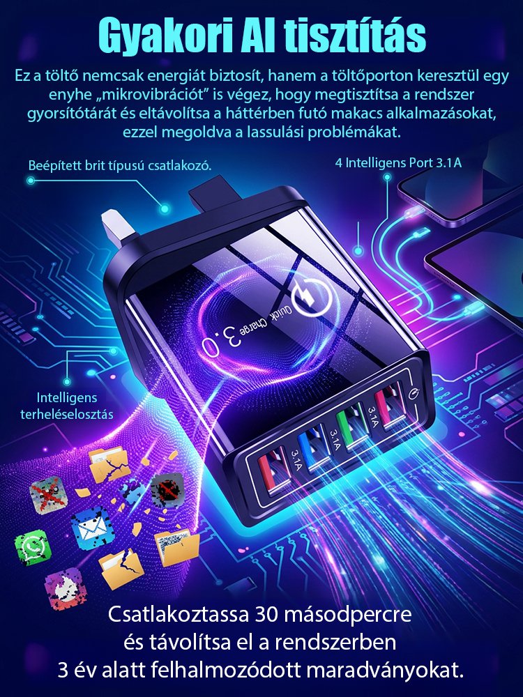 【Növelje a telefon akkumulátorának élettartamát】 Négyportos utazótöltő