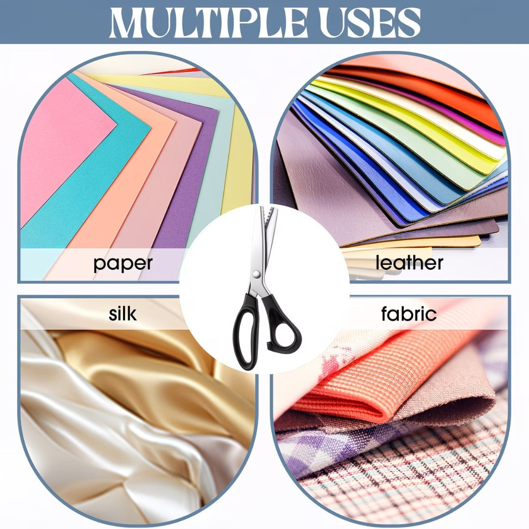 ✂️🧵 Kézzel tartható professzionális szabó olló recés (hullámos) éllel, 3 mm, 5 mm és 7 mm méretben kapható, különféle szövetek, papír és textíliák vágására alkalmas.