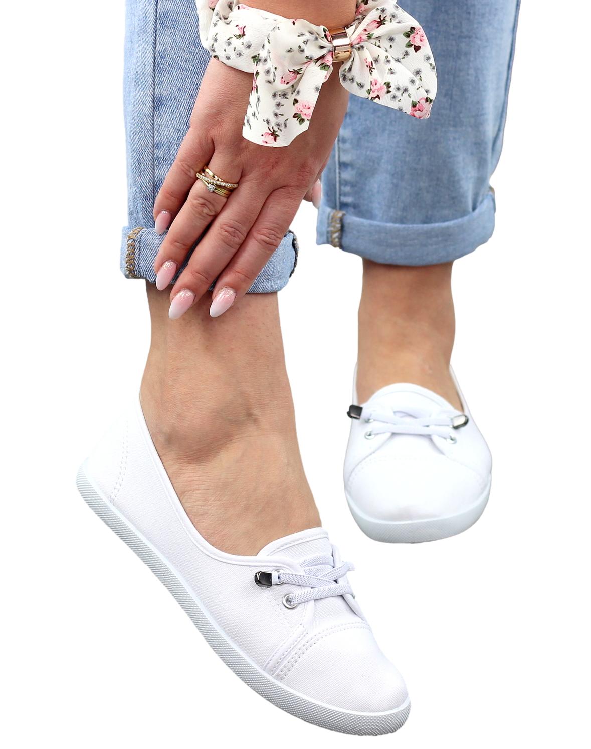 BIAŁE MATERIAŁOWE WYCIĘTE TENISÓWKI BALERINKI DAMSKIE NA LATO