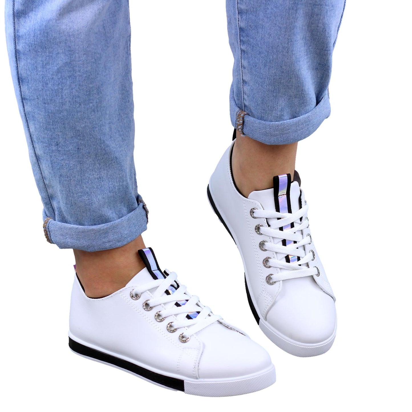 BIAŁO CZARNE SKÓRZANE GŁADKIE TRAMPKI DAMSKIE efekt holo