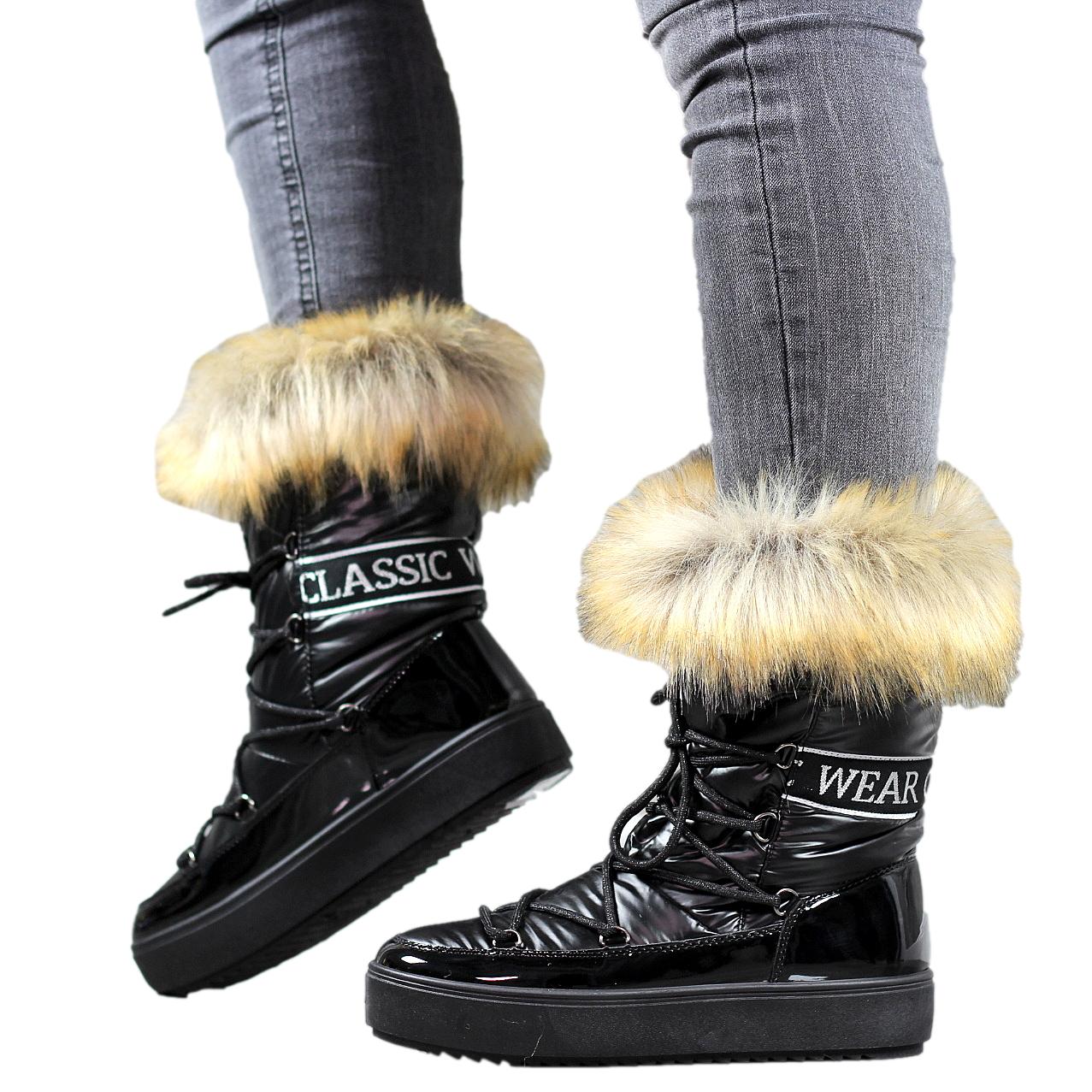 Czarne buty śniegowce eskimoski damskie z futrem Fluo