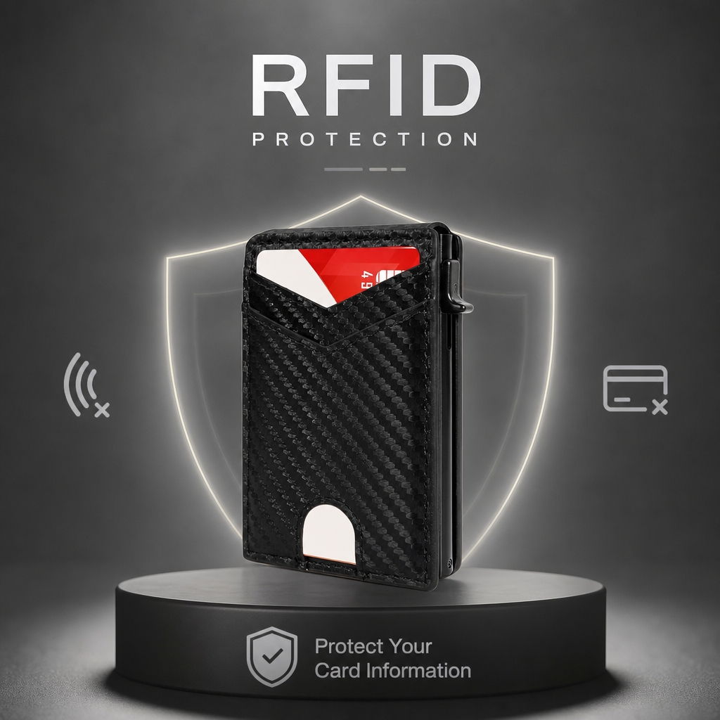 Vékony RFID pénztárca férfiaknak - kihúzható kártyatartó pénzcsipesszel és két dokumentumtartó rekesszel