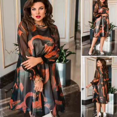 👗Płynąca sukienka z okrągłym dekoltem, długimi rękawami i nadrukiem