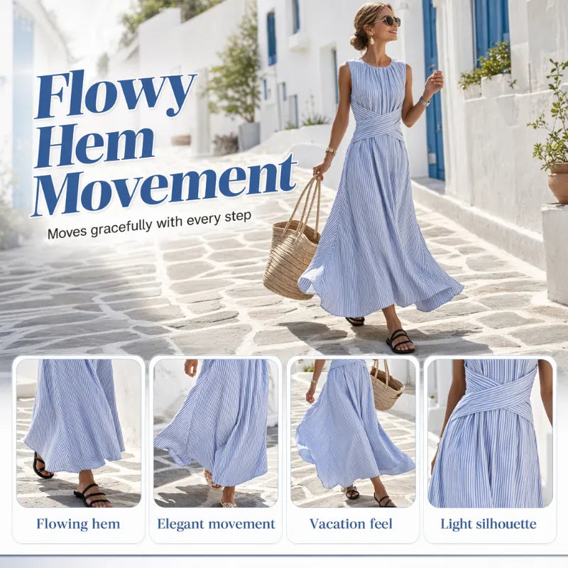 👗KORLÁTOZOTT IDEIG 50% KEDVEZMÉNY! Női ujjatlan csíkos maxi ruha derékkiemeléssel