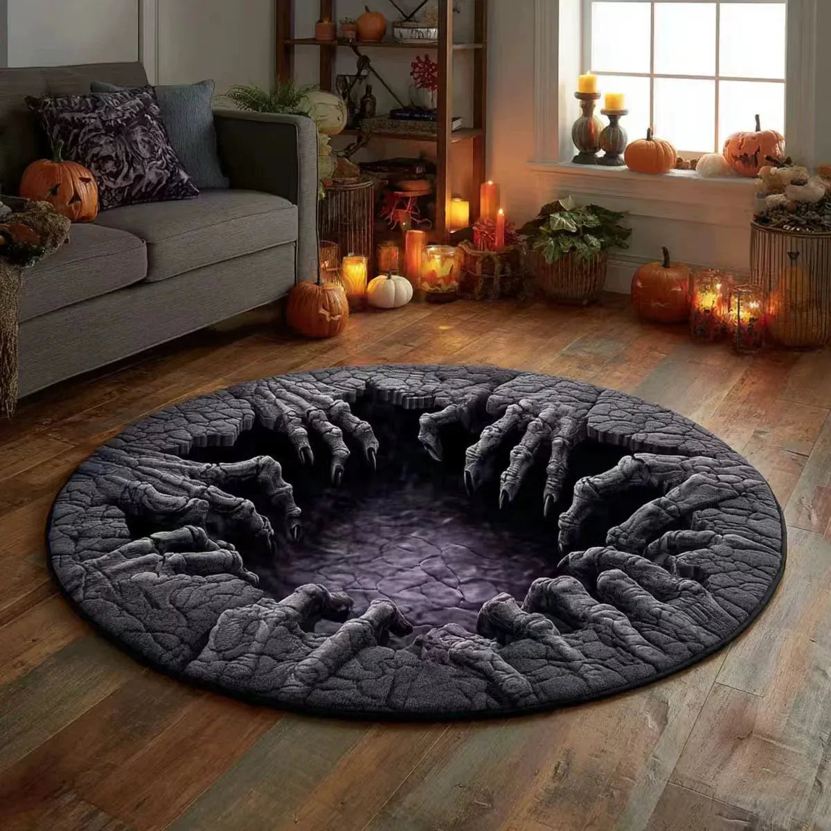 🔥Utolsó akció🎃Steppelt kerek halloweeni szőnyeg 3D csontvázzal és örvénnyel