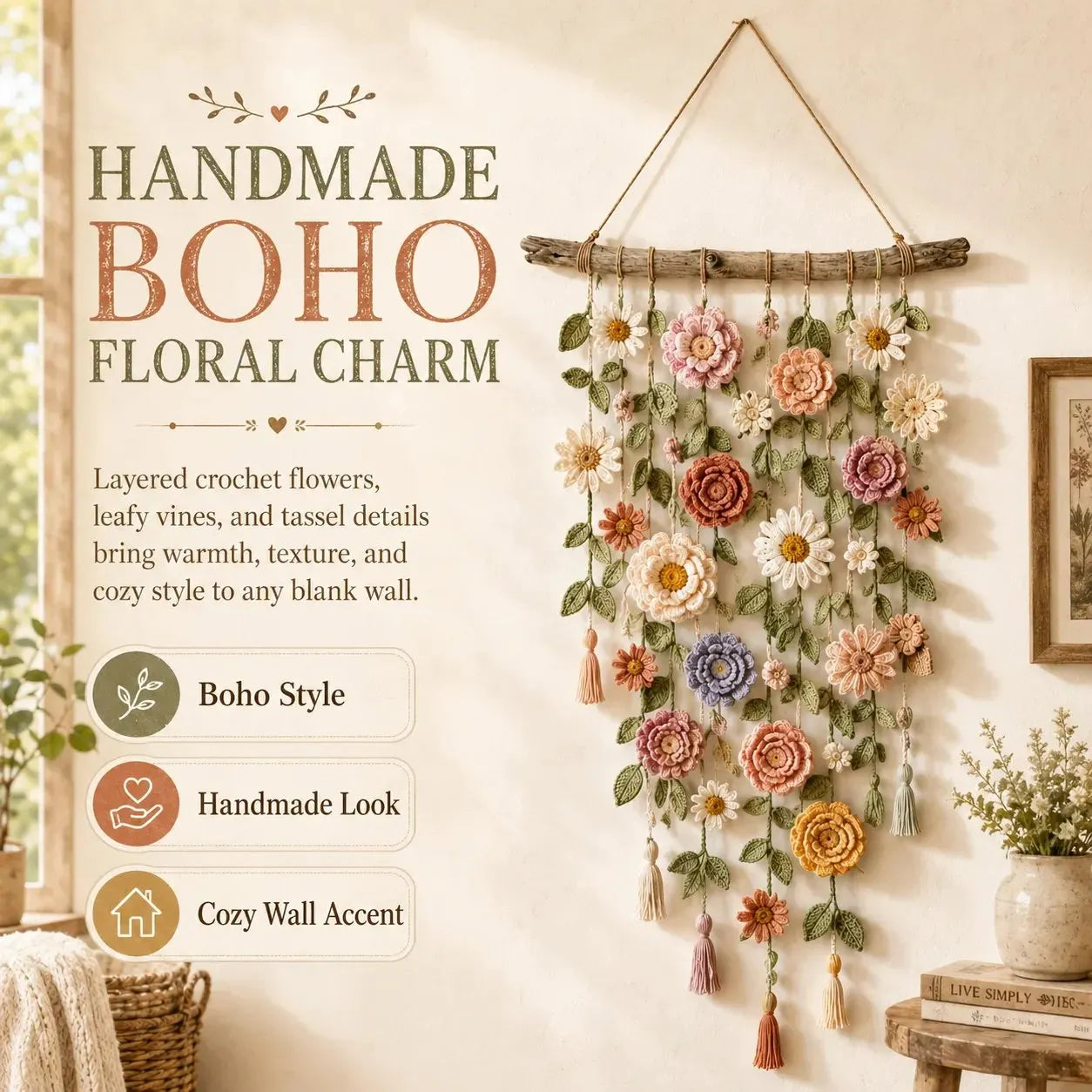 🌸Boho horgolt virágos fali dekoráció