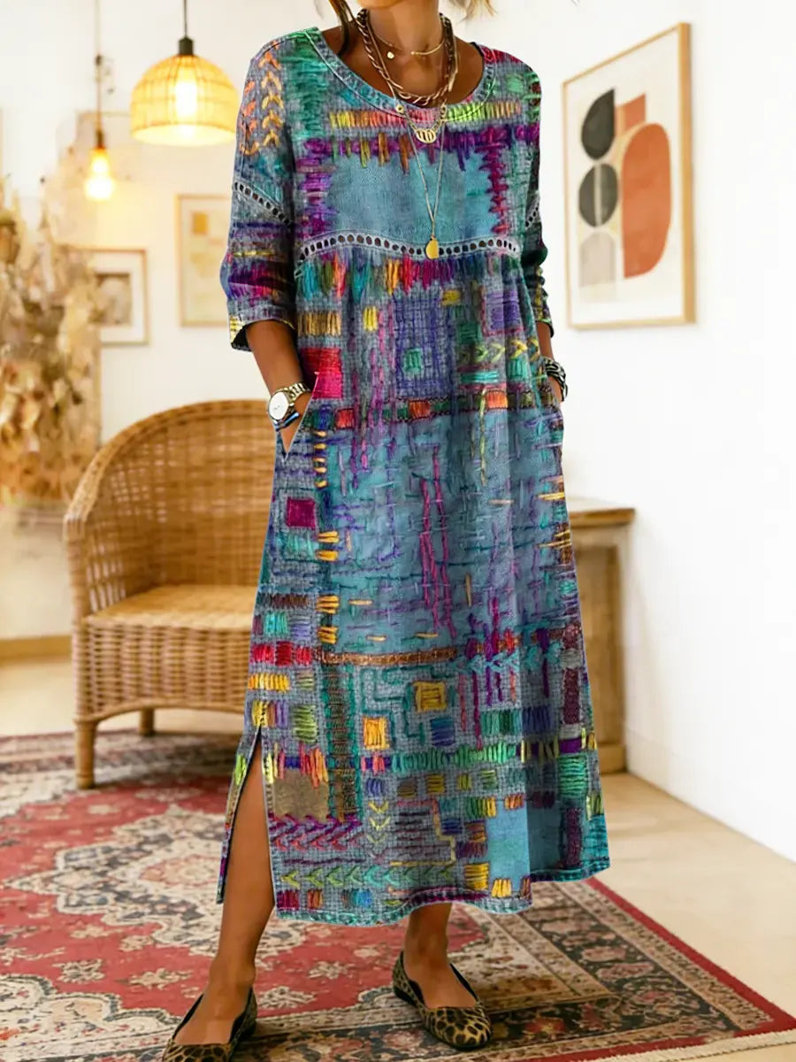 Női pamut farmer ruha nyomtatott és etnikai foltvarrásos mintával, csipkeszegéllyel