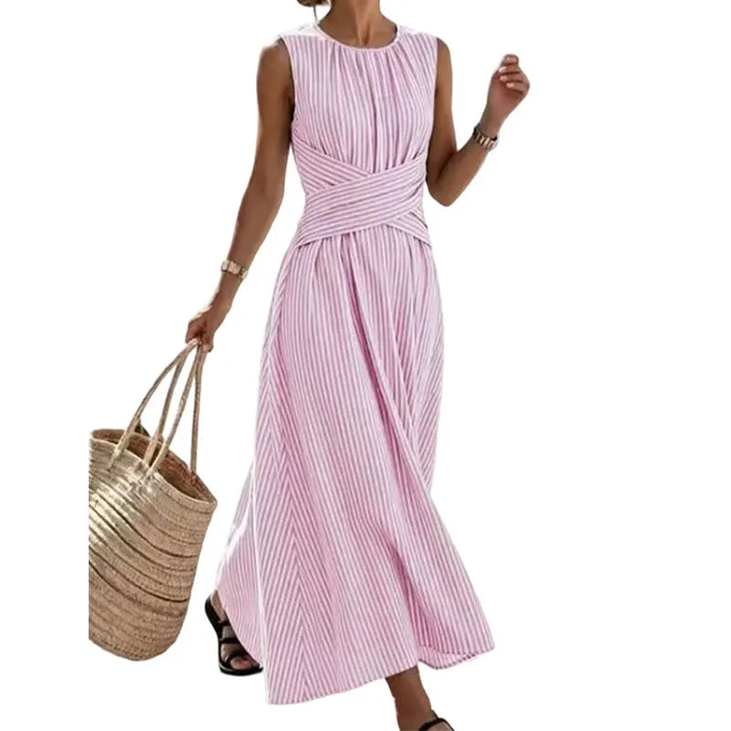 👗KORLÁTOZOTT IDEIG 50% KEDVEZMÉNY! Női ujjatlan csíkos maxi ruha derékkiemeléssel