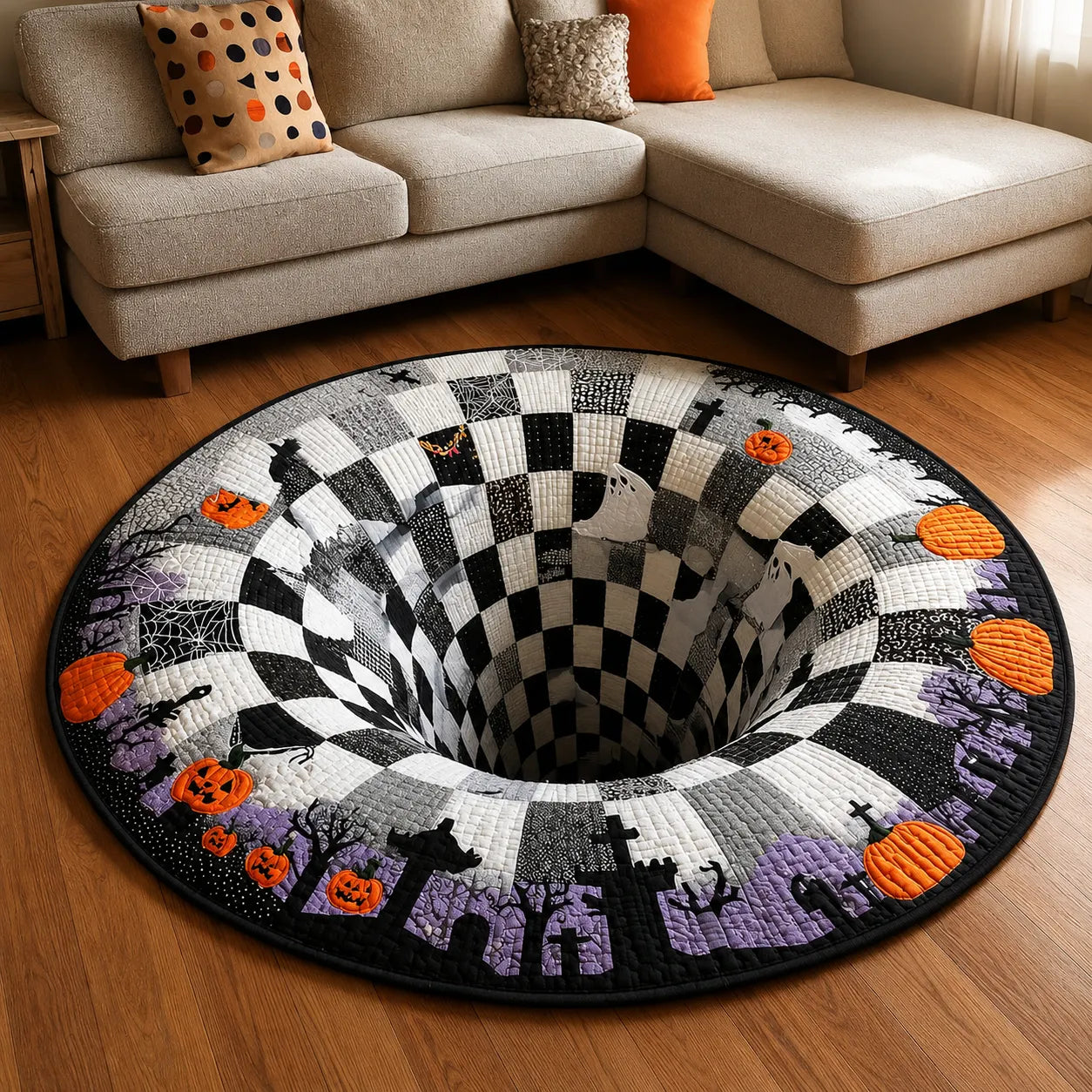 🔥Utolsó akció🎃Steppelt kerek halloweeni szőnyeg 3D csontvázzal és örvénnyel