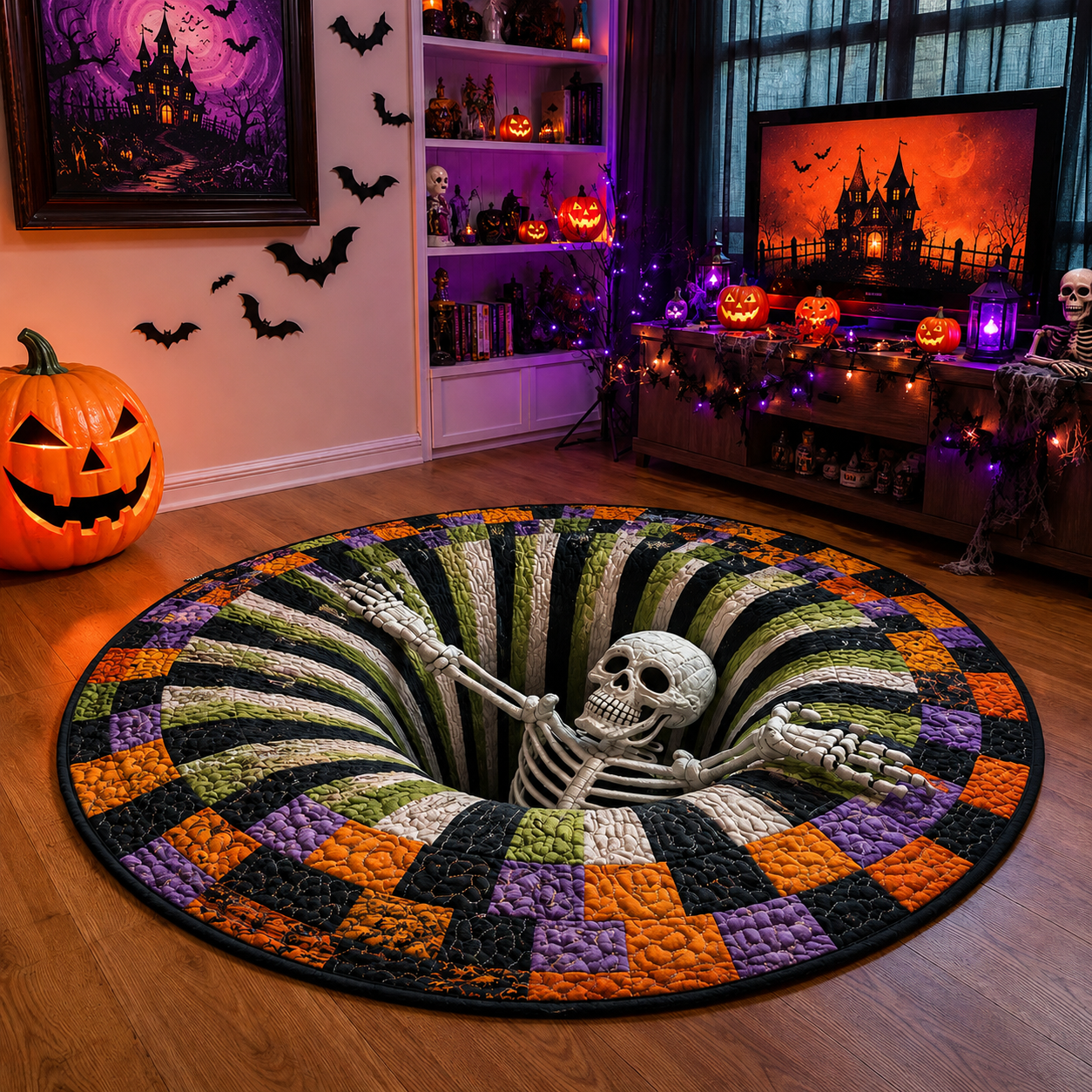 🔥Utolsó akció🎃Steppelt kerek halloweeni szőnyeg 3D csontvázzal és örvénnyel
