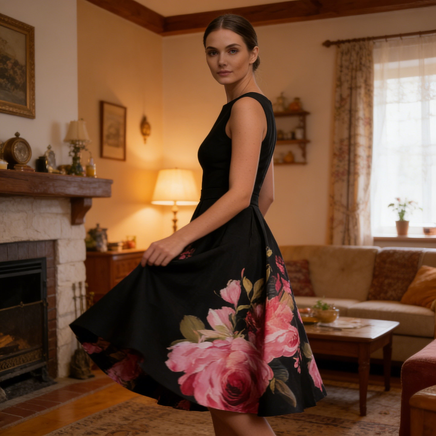 🌸Elegáns, ujjatlan, A-vonalú midi ruha virágmintával👗❤️