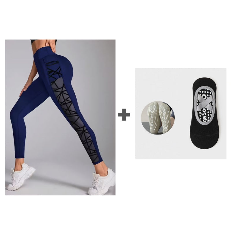 Női Magas Derekú Hálós Jóga Leggings Zsebekkel