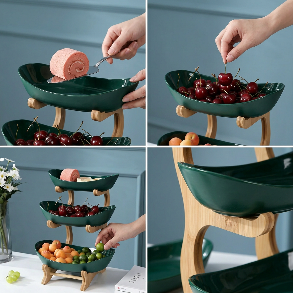 ✨🌿 3-Szintes Gyümölcstál Fa Állvánnyal 🍎🍇