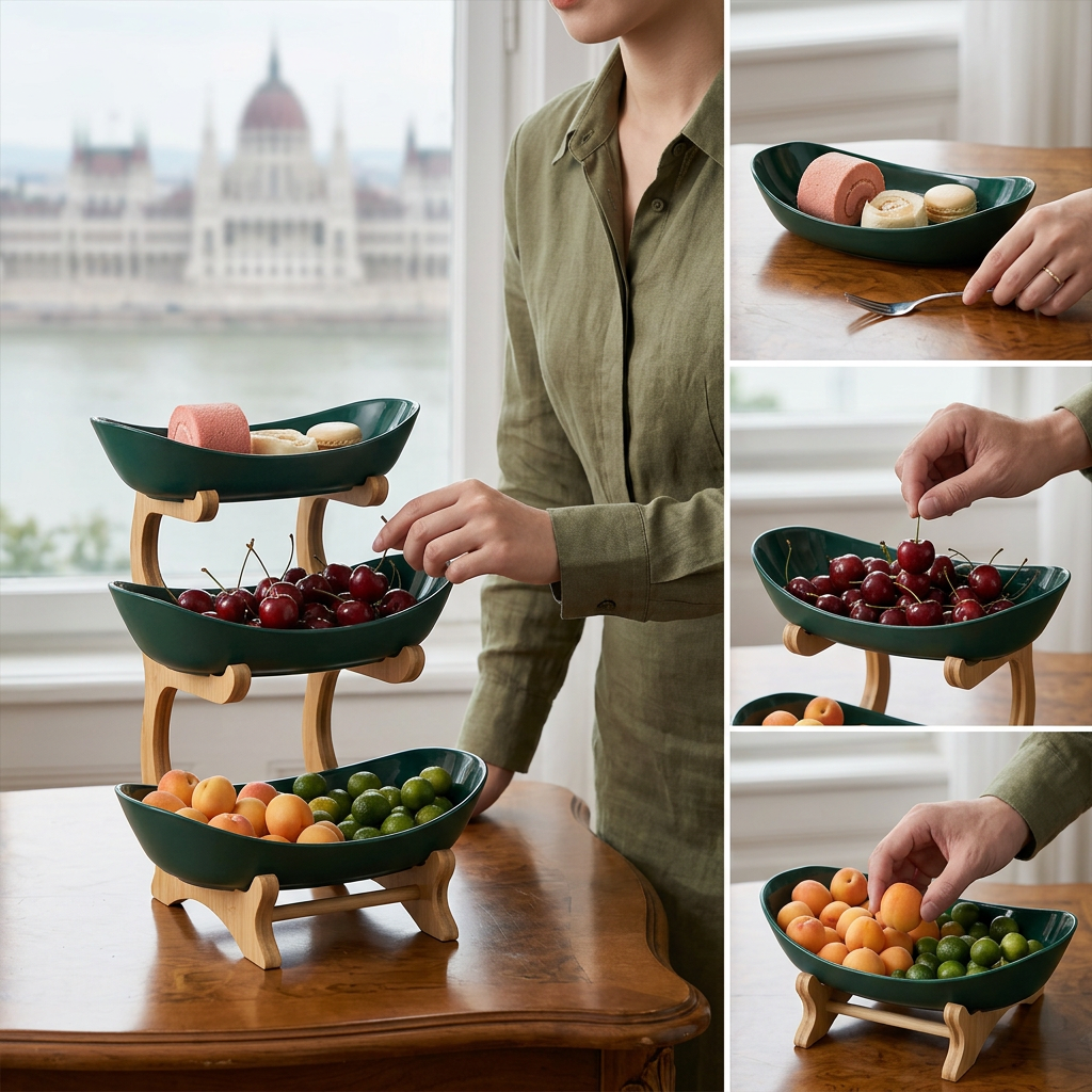 ✨🌿 3-Szintes Gyümölcstál Fa Állvánnyal 🍎🍇