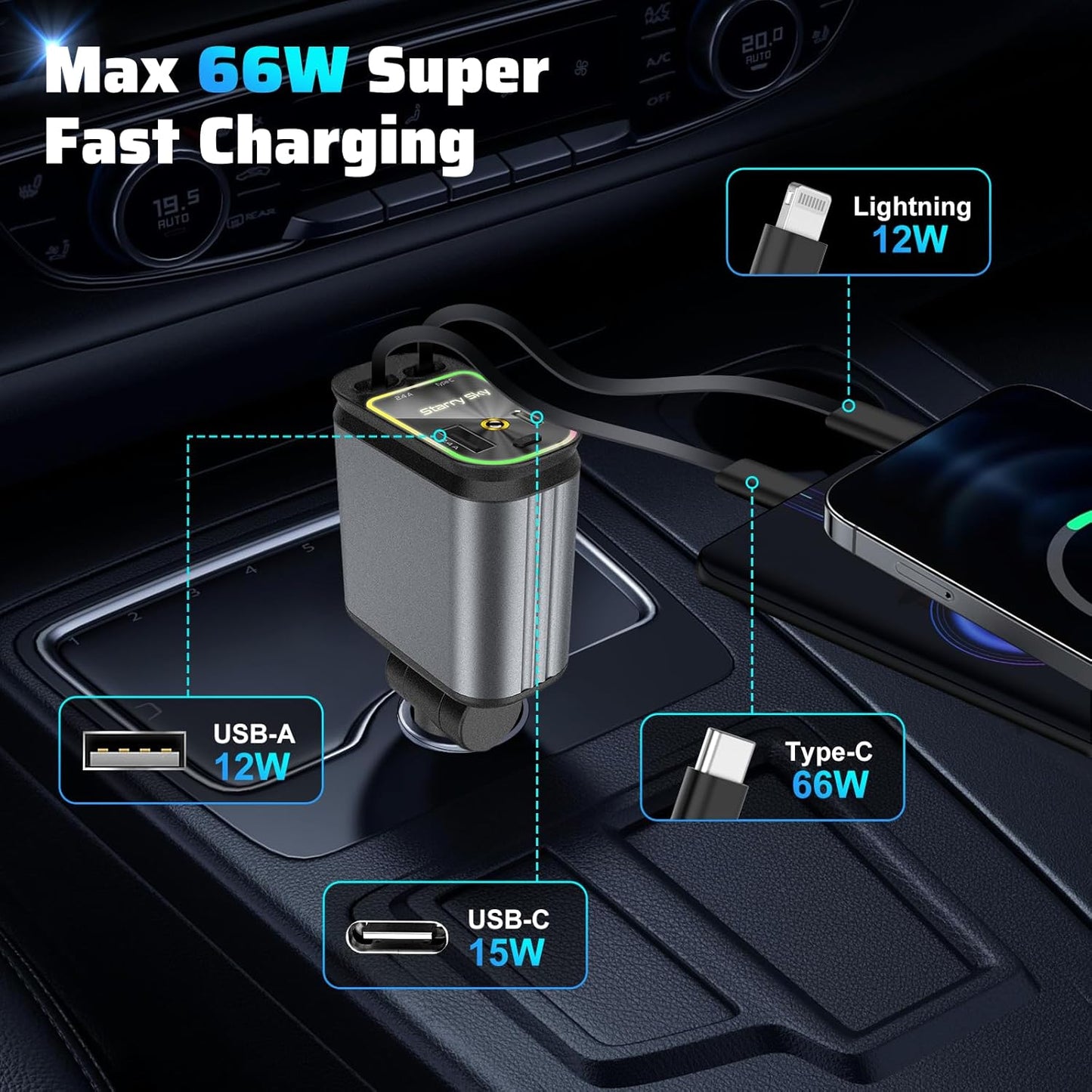 2025 New Model with Starlight Retractable 4-in-1 Car Fast Mobile Phone Charger