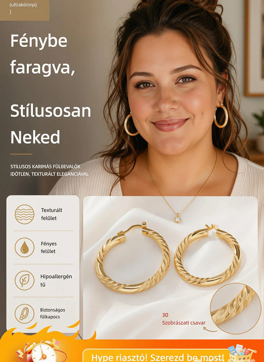 💎✨ Elegáns csavart karika fülbevaló – Időtlen dizájn, amely tökéletesen kiegészíti mindennapi és alkalmi szettjeidet 👗