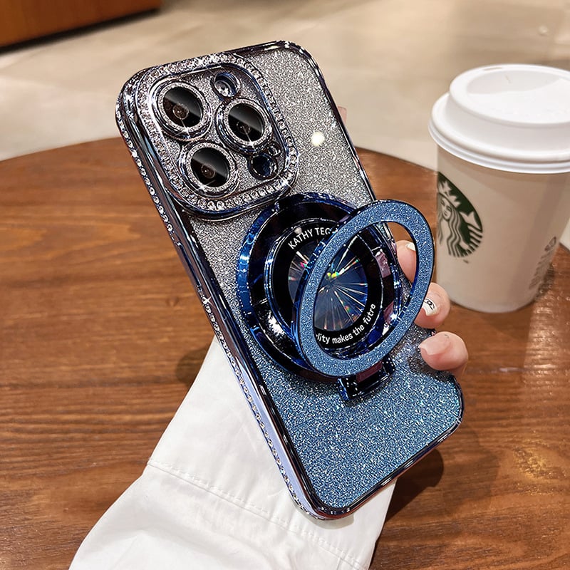 Magnetyczne etui na iPhone'a z brokatowymi dżetami i niewidoczną podstawką