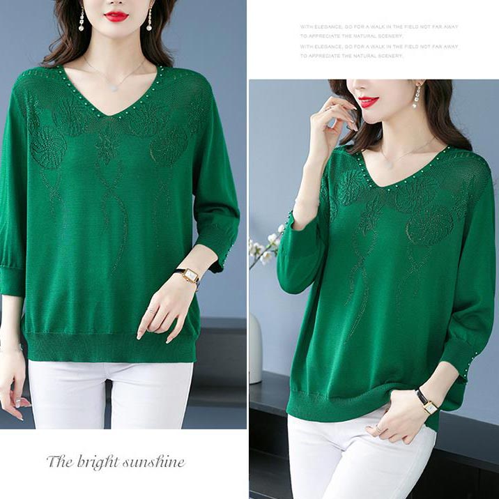 💖Damski sweter w stylu vintage z koralikami i dekoltem w serek