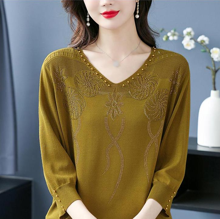 💖Damski sweter w stylu vintage z koralikami i dekoltem w serek