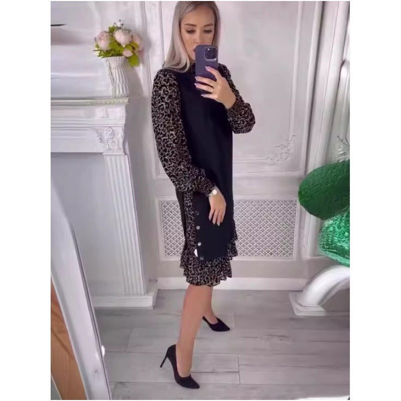 👗【S-3XL】 Patchworkowa sukienka z długim rękawem i nadrukiem w panterkę na jesień i zimę