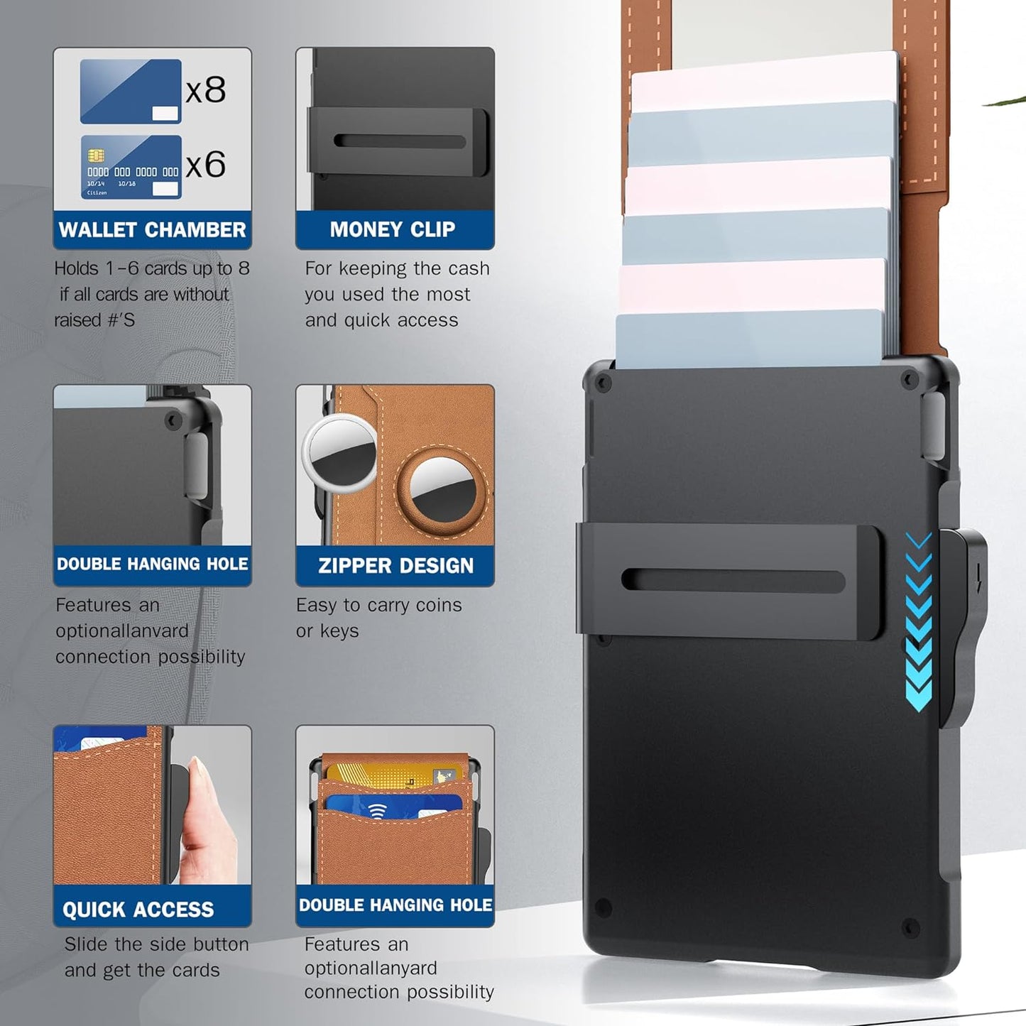 Portfel AirTag dla mężczyzn – aluminiowa obudowa z klapką, klips na pieniądze, smukłe skórzane przegródki, uchwyt na karty kredytowe, blokada RFID, minimalistyczny portfel składany na pół