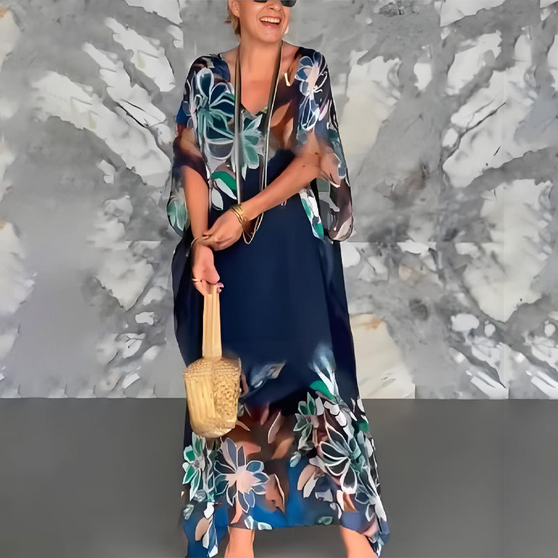 Elegáns, mintás, hosszú sifon ruha V-nyakkal