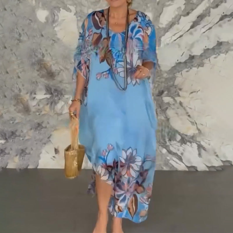 Elegáns, mintás, hosszú sifon ruha V-nyakkal