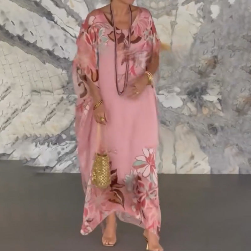 Elegáns, mintás, hosszú sifon ruha V-nyakkal