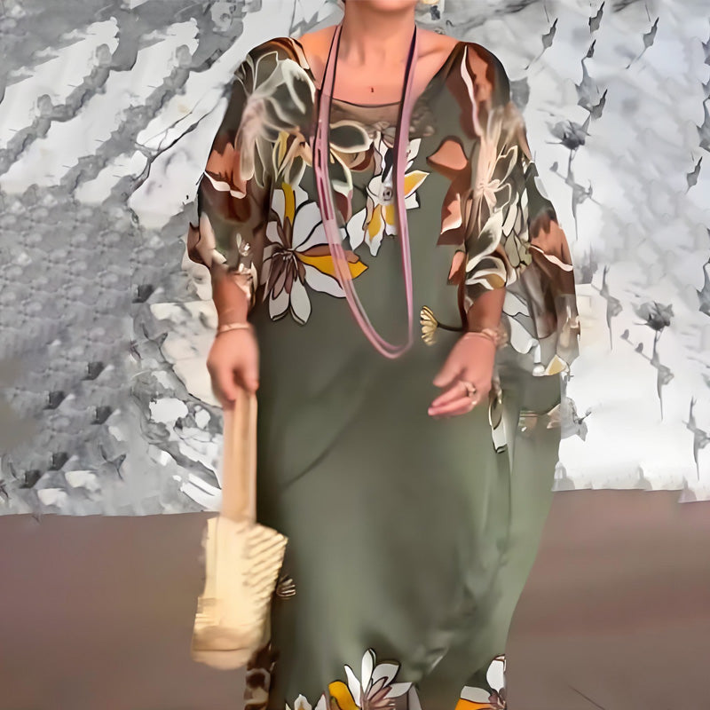Elegáns, mintás, hosszú sifon ruha V-nyakkal