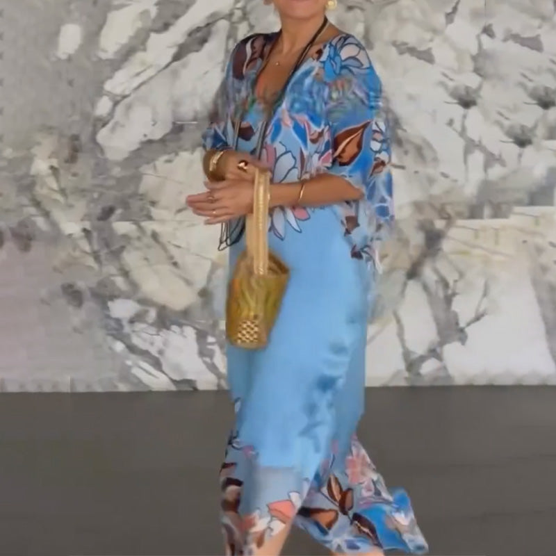 Elegáns, mintás, hosszú sifon ruha V-nyakkal