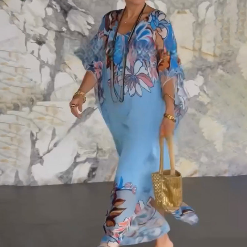 Elegáns, mintás, hosszú sifon ruha V-nyakkal