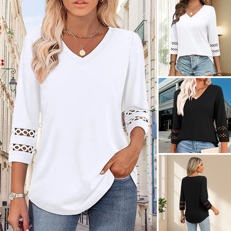 🌺[S-3XL]👚✨ Klasyczny top w jednolitym kolorze z dekoltem w serek i rękawami 3/4