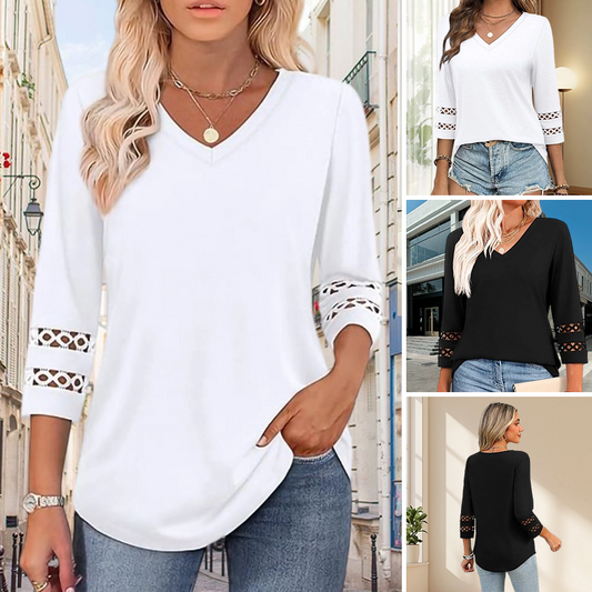 🌺[S-3XL]👚✨ Klasyczny top w jednolitym kolorze z dekoltem w serek i rękawami 3/4