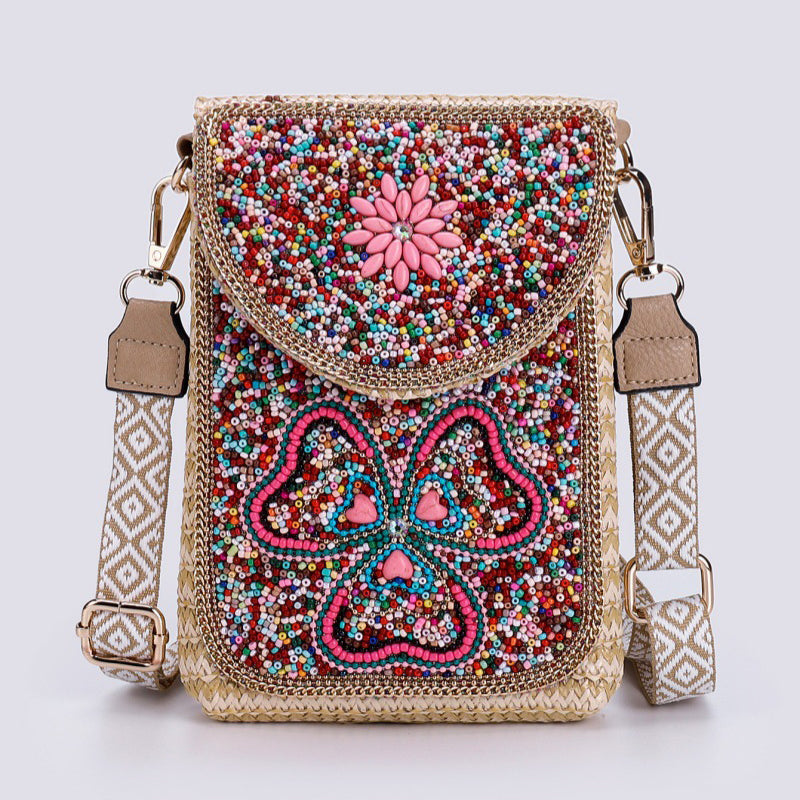 Boho Chic Mała Słomiana Torebka z Koralikami