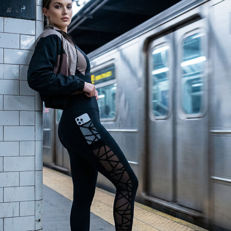 Női Magas Derekú Hálós Jóga Leggings Zsebekkel