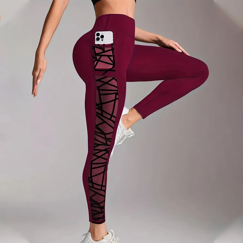 Női Magas Derekú Hálós Jóga Leggings Zsebekkel