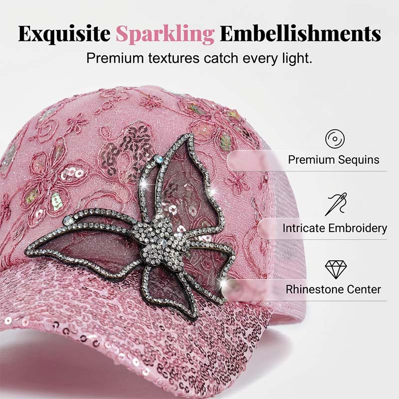 📦 Utánvétes fizetés – Flitteres baseballsapka "Crystal Butterfly" | Csillogó kétoldalas flitterek, csillogó pillangós minta 🧢✨
