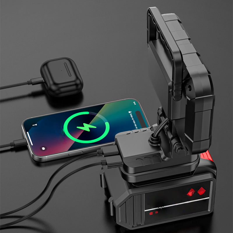 💡180°-ban forgatható LED-es munkalámpa – kettős USB-s powerbank funkcióval🔋 – strapabíró és vezeték nélküli – univerzális akkumulátor-kompatibilitás – garázsba, építkezésre és kempingezéshez