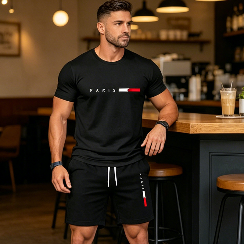 👕 MOST 30% KEDVEZMÉNY! ⏰ Férfi kétrészes mintás szett – Puha és lélegző – Laza szabás, tökéletes nyári kikapcsolódásra vagy hétköznapokra – Összeillő felső és rövidnadrág 🩳