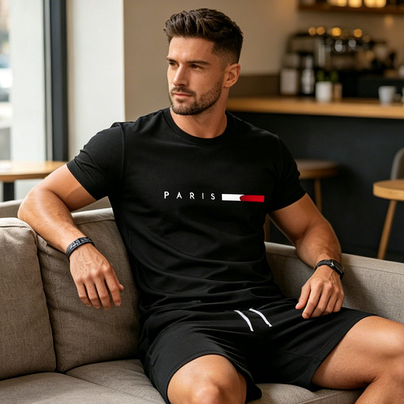 👕 MOST 30% KEDVEZMÉNY! ⏰ Férfi kétrészes mintás szett – Puha és lélegző – Laza szabás, tökéletes nyári kikapcsolódásra vagy hétköznapokra – Összeillő felső és rövidnadrág 🩳