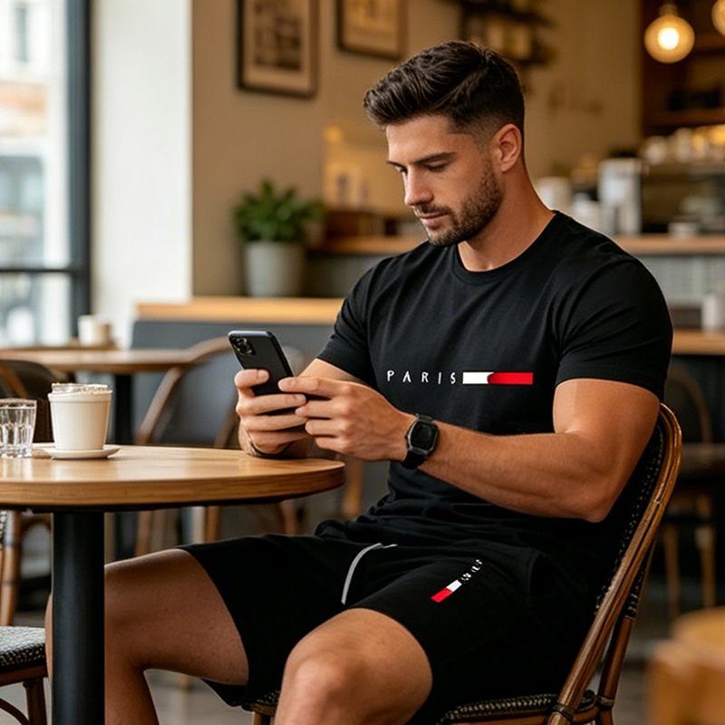 👕 MOST 30% KEDVEZMÉNY! ⏰ Férfi kétrészes mintás szett – Puha és lélegző – Laza szabás, tökéletes nyári kikapcsolódásra vagy hétköznapokra – Összeillő felső és rövidnadrág 🩳