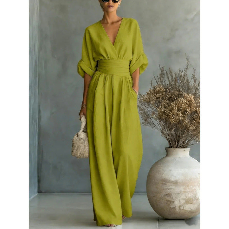 🔥💝Női overál V-nyakkal, magas derekú és bő szárú☁️🌬️