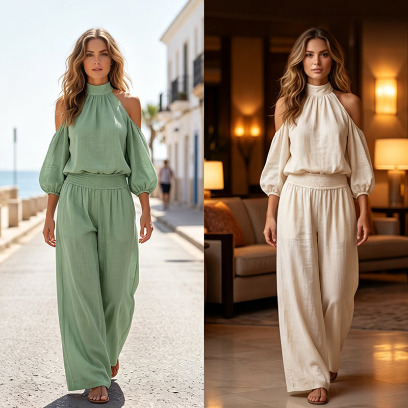 🌸 Női vállkivágásos, nyakba akasztható felső és széles szárú nadrág szett – Boho elegancia & lenvászon-szerű légáteresztő képesség ✨