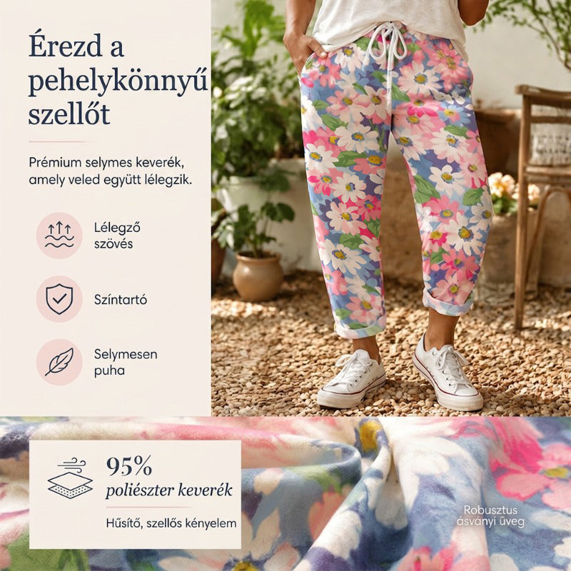 Női virágmintás, húzózsinóros alkalmi nadrág