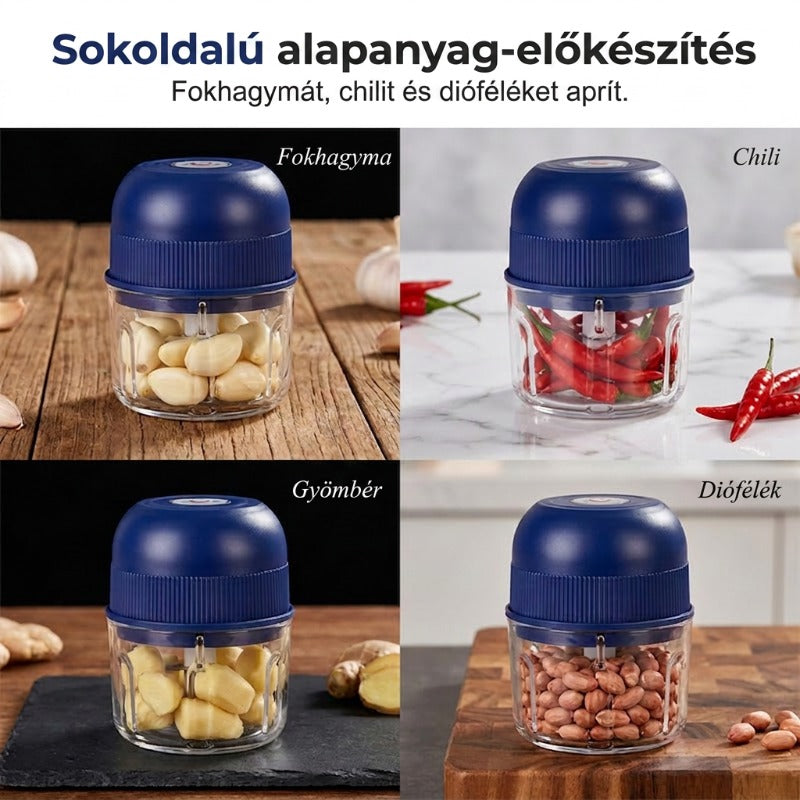 🧄 Mini elektromos fokhagymaaprító és -prés tárolóedénnyel